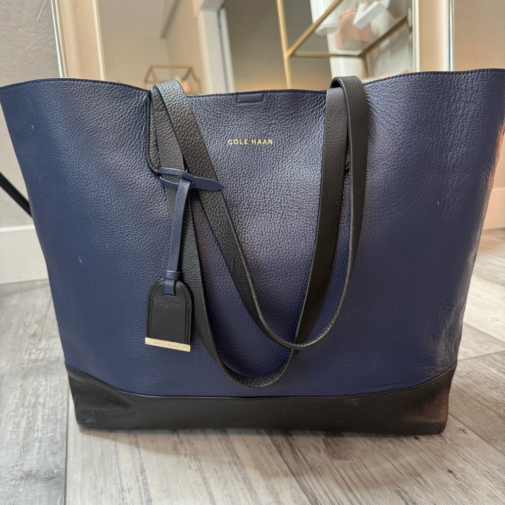 Cole Haan Navy & Black Leather Tote Bag | Large Work Bag with Interior Pockets